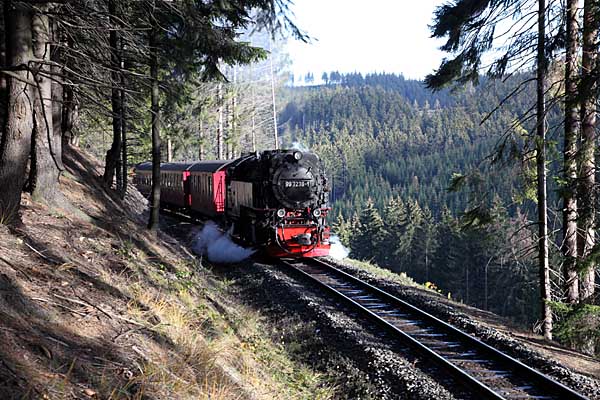 99 7238 mit Dampfzug zwischen Wernigerode und Drei Annen